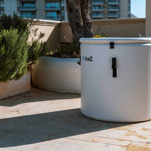iceZ upright ice barrel on a patio