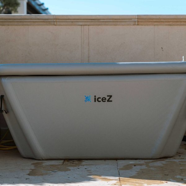 Rectangular iceZ inflatable ice bath on a patio