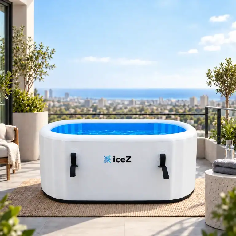 iceZ Tub inflatable ice bath on a sea-view balcony